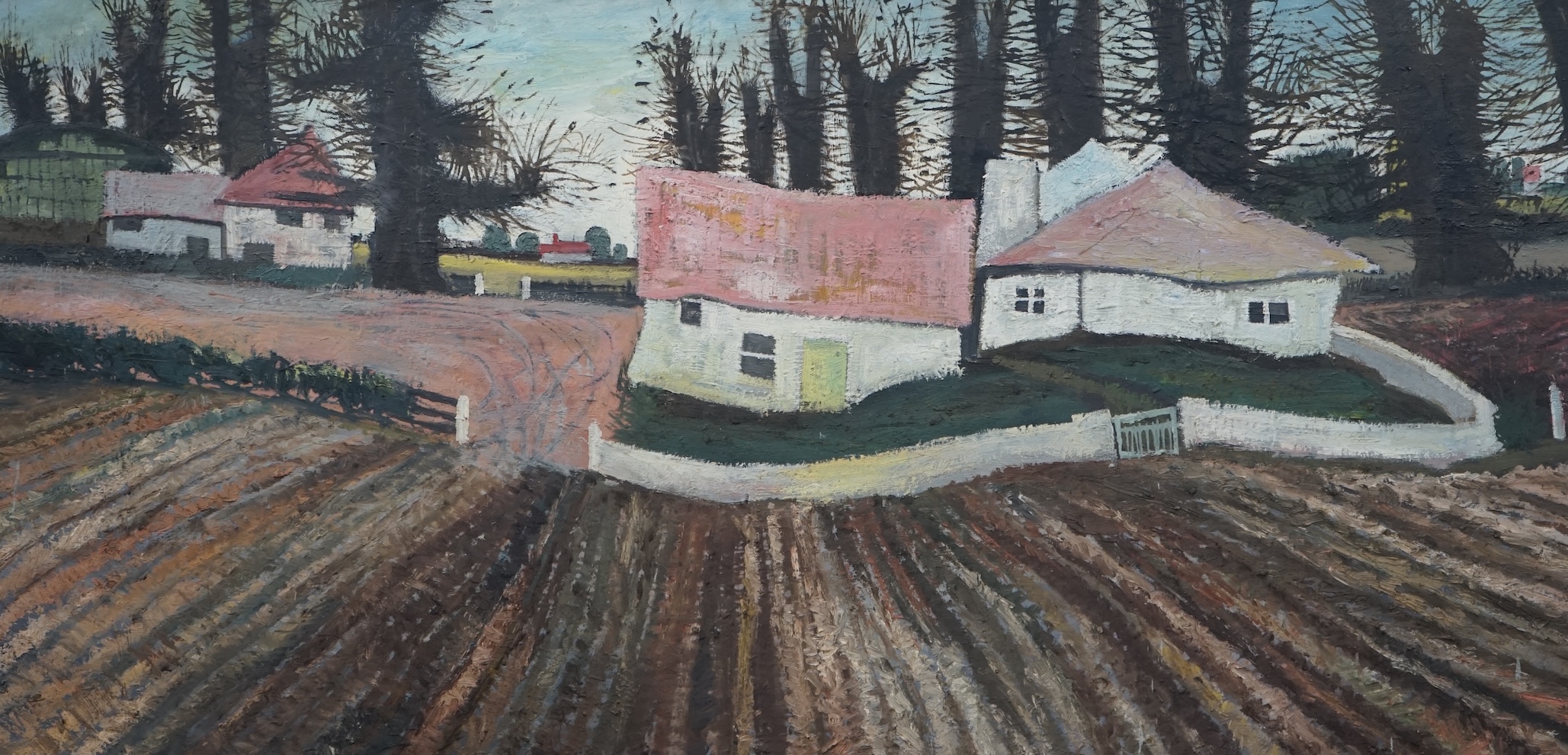 Impasto oil on board, Rural landscape with farm buildings and cottages, unsigned, 59 x 118cm. Condition - fair